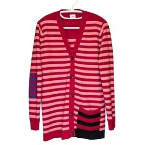 Cabi "Picnic" Striped Multi Cardigan Sweater Pocket Elbow Patch sz. L